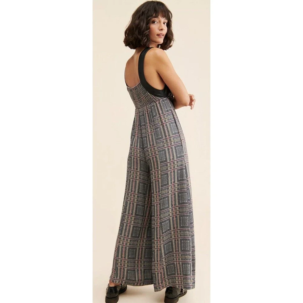 Free People Jumpsuit Marley Gray Plaid Leather Strap Boho Preppy Size XS NWT